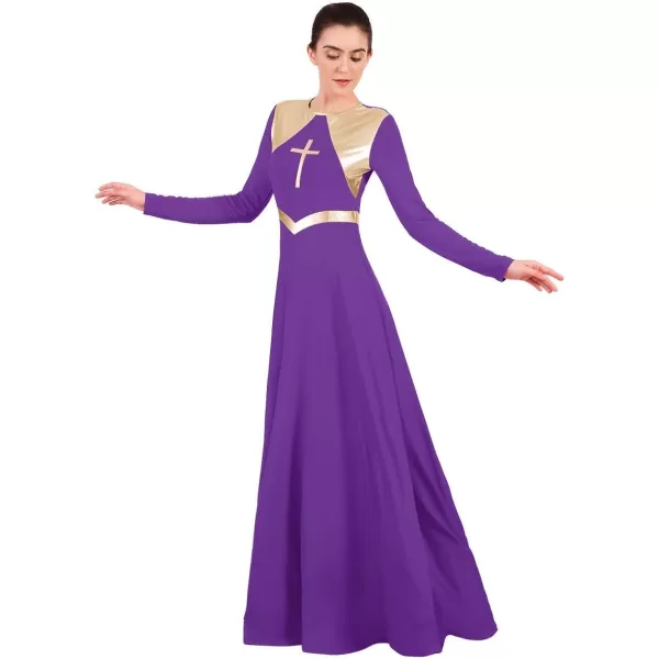 Women Metallic Cross Praise Dance Dresses Liturgical Lyrical Dancewear Color Block Long Sleeve Worship Dance DressPurple