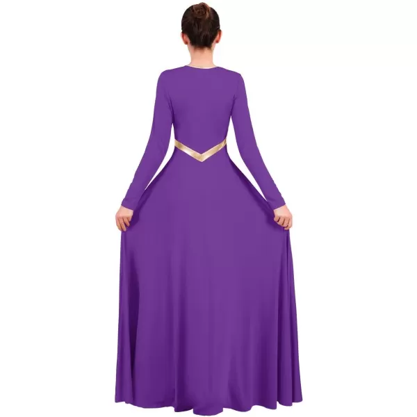 Women Metallic Cross Praise Dance Dresses Liturgical Lyrical Dancewear Color Block Long Sleeve Worship Dance DressPurple