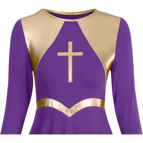 Women Metallic Cross Praise Dance Dresses Liturgical Lyrical Dancewear Color Block Long Sleeve Worship Dance DressPurple