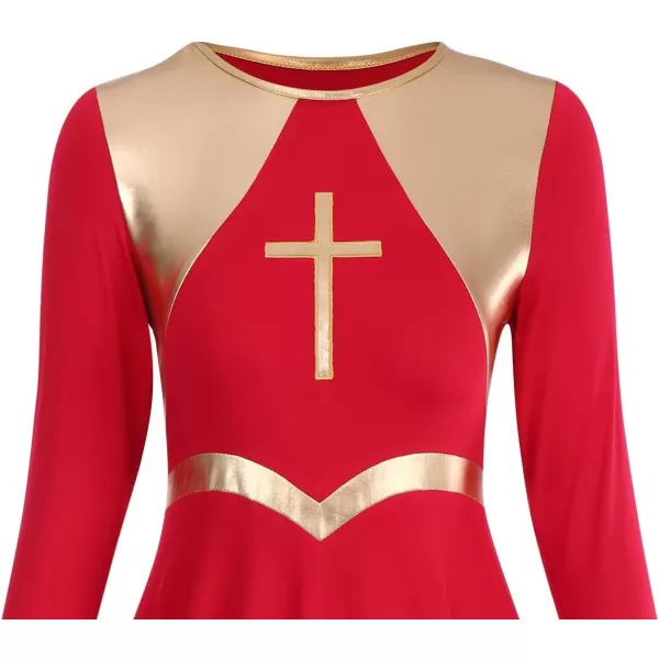 Women Metallic Cross Praise Dance Dresses Liturgical Lyrical Dancewear Color Block Long Sleeve Worship Dance DressRed