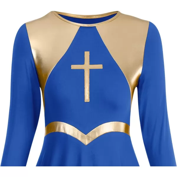 Women Metallic Cross Praise Dance Dresses Liturgical Lyrical Dancewear Color Block Long Sleeve Worship Dance DressRoyal Blue