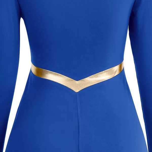 Women Metallic Cross Praise Dance Dresses Liturgical Lyrical Dancewear Color Block Long Sleeve Worship Dance DressRoyal Blue