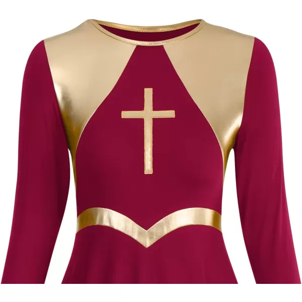 Women Metallic Cross Praise Dance Dresses Liturgical Lyrical Dancewear Color Block Long Sleeve Worship Dance DressWine Red