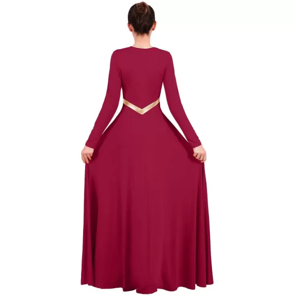 Women Metallic Cross Praise Dance Dresses Liturgical Lyrical Dancewear Color Block Long Sleeve Worship Dance DressWine Red