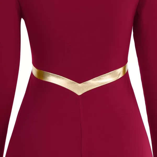 Women Metallic Cross Praise Dance Dresses Liturgical Lyrical Dancewear Color Block Long Sleeve Worship Dance DressWine Red