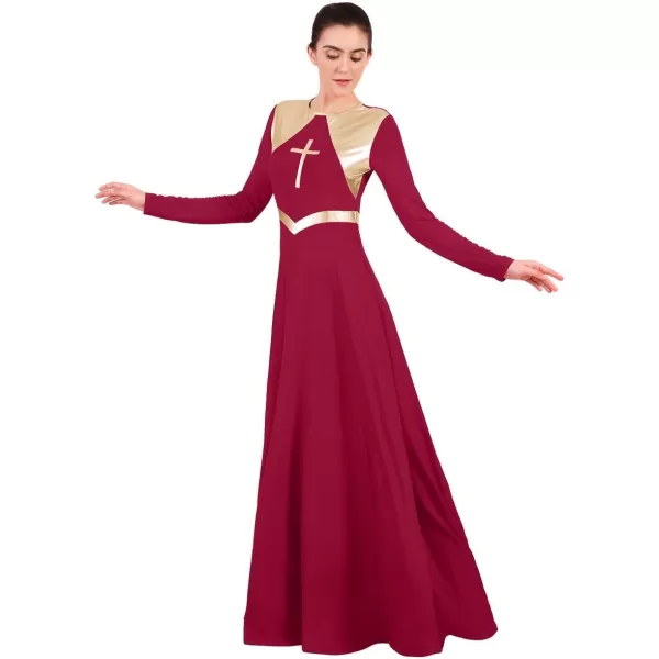 Women Metallic Cross Praise Dance Dresses Liturgical Lyrical Dancewear Color Block Long Sleeve Worship Dance DressWine Red