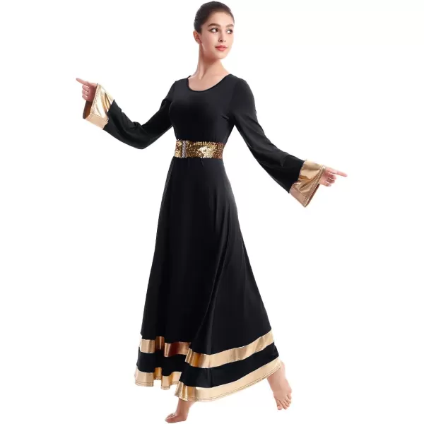 Women Metallic Praise Dance Dress Bell Long Sleeve Full Length Liturgical Tunic SkirtSequins Waistband Worship CostumeBlack