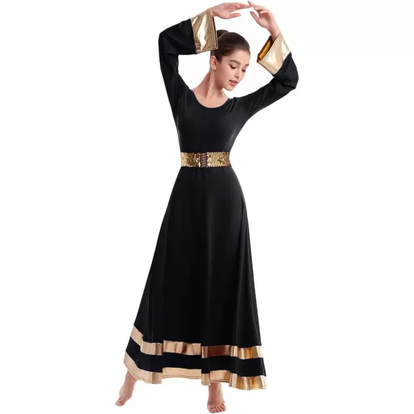 Women Metallic Praise Dance Dress Bell Long Sleeve Full Length Liturgical Tunic SkirtSequins Waistband Worship CostumeBlack