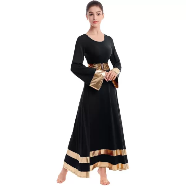 Women Metallic Praise Dance Dress Bell Long Sleeve Full Length Liturgical Tunic SkirtSequins Waistband Worship CostumeBlack