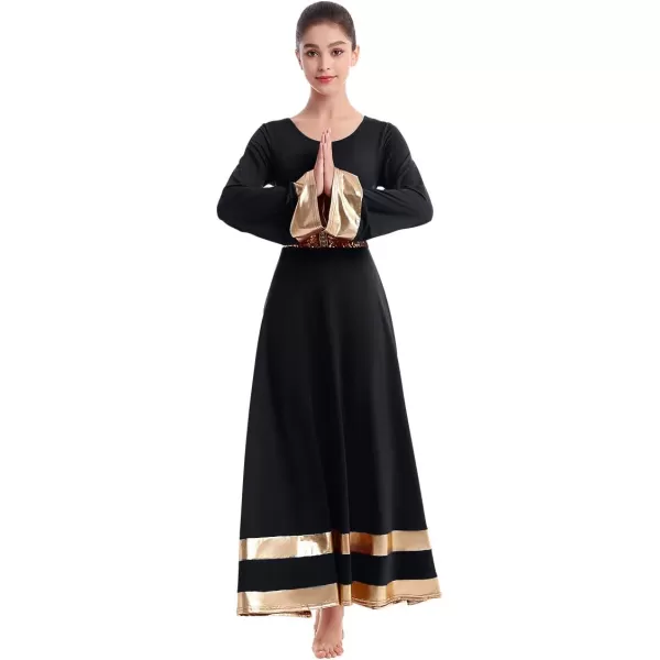Women Metallic Praise Dance Dress Bell Long Sleeve Full Length Liturgical Tunic SkirtSequins Waistband Worship CostumeBlack