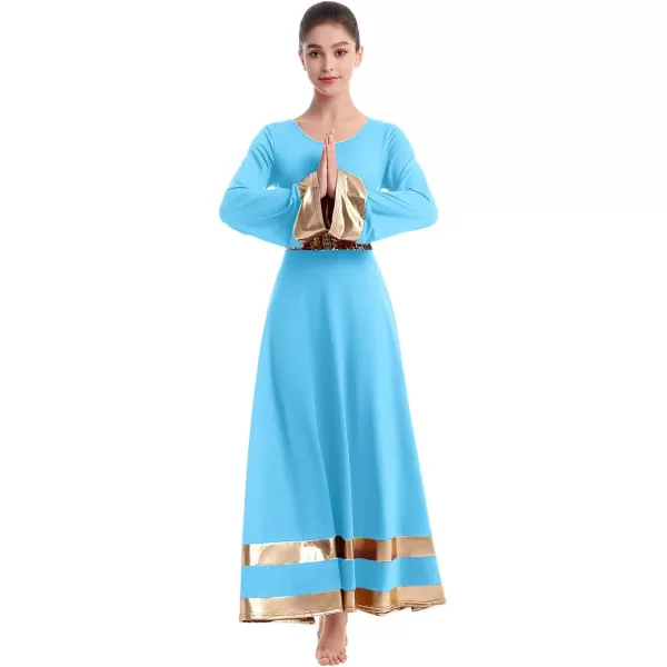 Women Metallic Praise Dance Dress Bell Long Sleeve Full Length Liturgical Tunic SkirtSequins Waistband Worship CostumeBlue