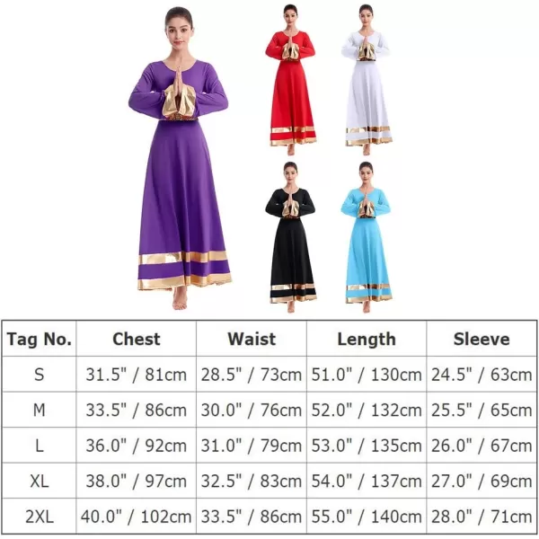 Women Metallic Praise Dance Dress Bell Long Sleeve Full Length Liturgical Tunic SkirtSequins Waistband Worship CostumeBlue