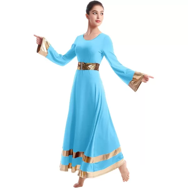 Women Metallic Praise Dance Dress Bell Long Sleeve Full Length Liturgical Tunic SkirtSequins Waistband Worship CostumeBlue