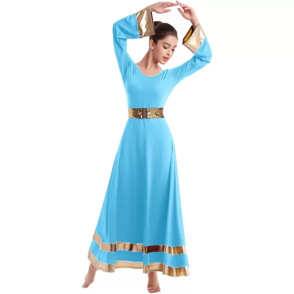 Women Metallic Praise Dance Dress Bell Long Sleeve Full Length Liturgical Tunic SkirtSequins Waistband Worship CostumeBlue