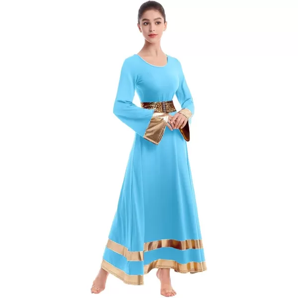 Women Metallic Praise Dance Dress Bell Long Sleeve Full Length Liturgical Tunic SkirtSequins Waistband Worship CostumeBlue