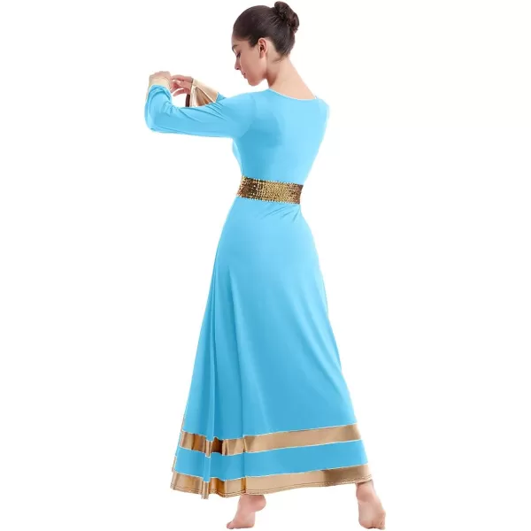 Women Metallic Praise Dance Dress Bell Long Sleeve Full Length Liturgical Tunic SkirtSequins Waistband Worship CostumeBlue