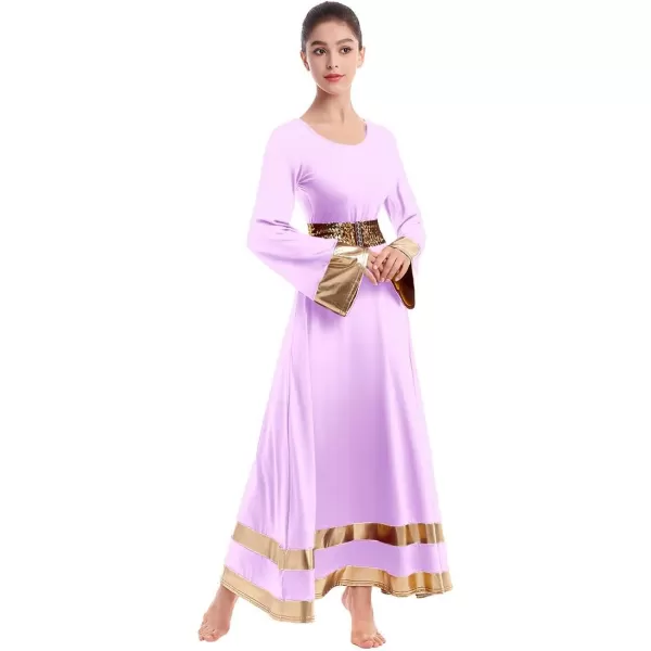 Women Metallic Praise Dance Dress Bell Long Sleeve Full Length Liturgical Tunic SkirtSequins Waistband Worship CostumeLight Purple