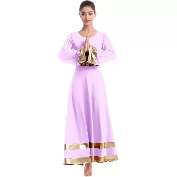 Women Metallic Praise Dance Dress Bell Long Sleeve Full Length Liturgical Tunic SkirtSequins Waistband Worship CostumeLight Purple