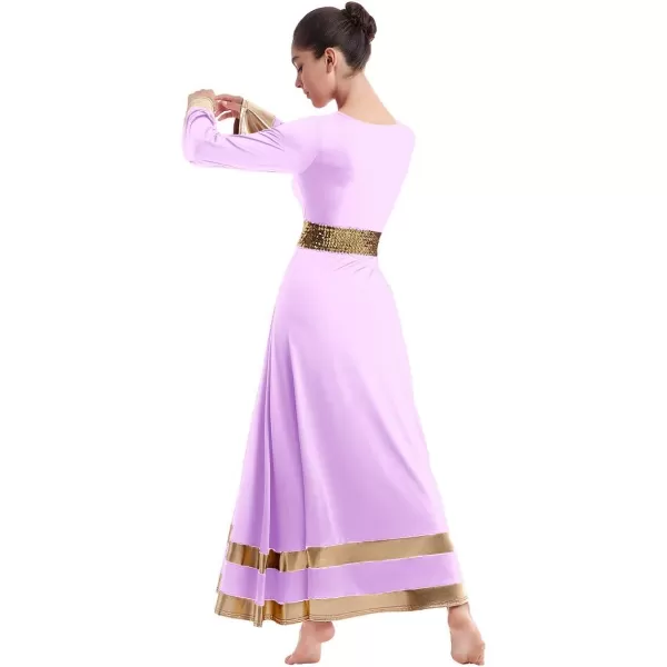 Women Metallic Praise Dance Dress Bell Long Sleeve Full Length Liturgical Tunic SkirtSequins Waistband Worship CostumeLight Purple