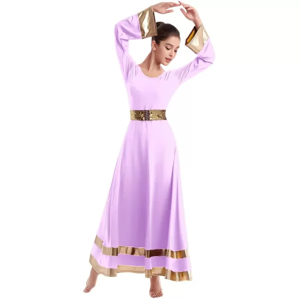 Women Metallic Praise Dance Dress Bell Long Sleeve Full Length Liturgical Tunic SkirtSequins Waistband Worship CostumeLight Purple