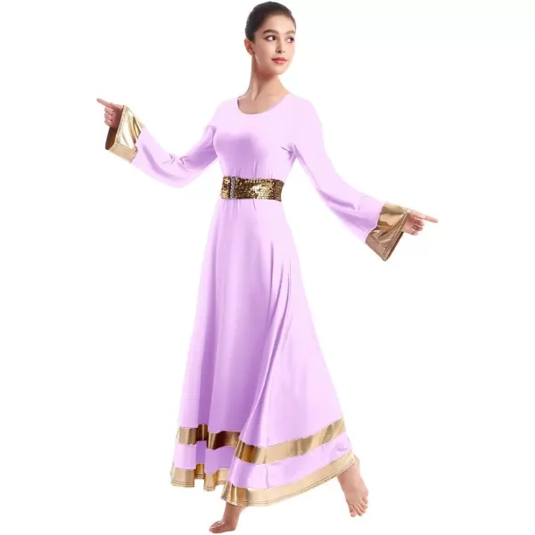 Women Metallic Praise Dance Dress Bell Long Sleeve Full Length Liturgical Tunic SkirtSequins Waistband Worship CostumeLight Purple