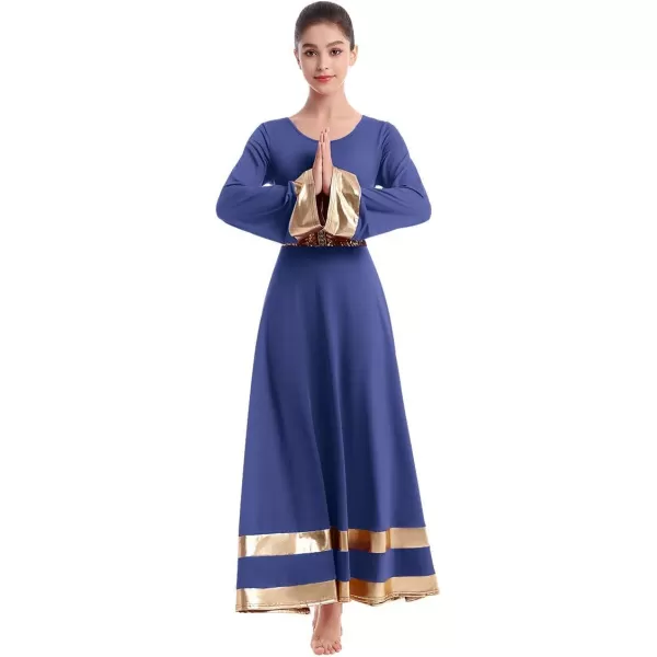 Women Metallic Praise Dance Dress Bell Long Sleeve Full Length Liturgical Tunic SkirtSequins Waistband Worship CostumeNavy Blue