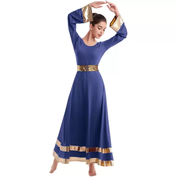 Women Metallic Praise Dance Dress Bell Long Sleeve Full Length Liturgical Tunic SkirtSequins Waistband Worship CostumeNavy Blue