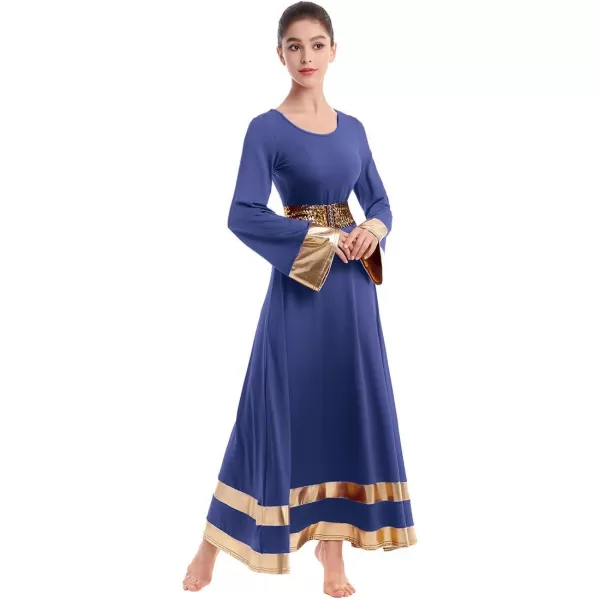 Women Metallic Praise Dance Dress Bell Long Sleeve Full Length Liturgical Tunic SkirtSequins Waistband Worship CostumeNavy Blue