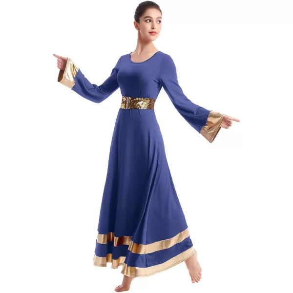 Women Metallic Praise Dance Dress Bell Long Sleeve Full Length Liturgical Tunic SkirtSequins Waistband Worship CostumeNavy Blue