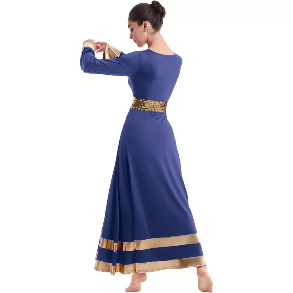 Women Metallic Praise Dance Dress Bell Long Sleeve Full Length Liturgical Tunic SkirtSequins Waistband Worship CostumeNavy Blue