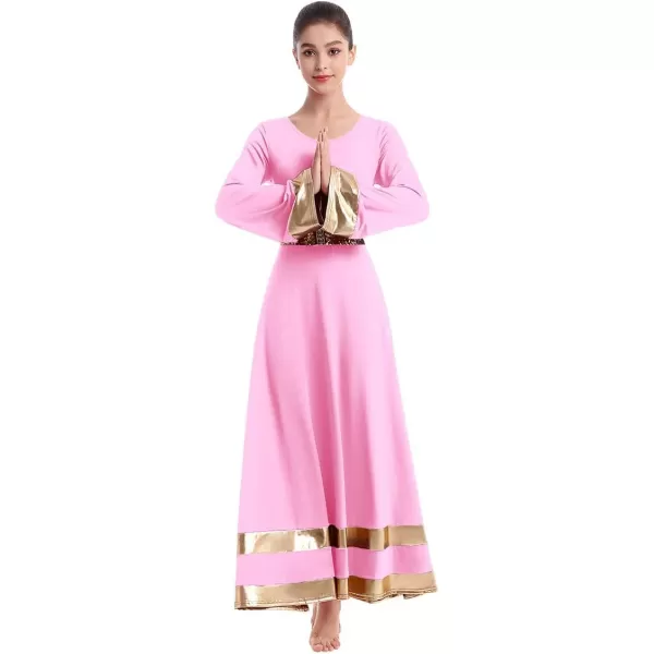 Women Metallic Praise Dance Dress Bell Long Sleeve Full Length Liturgical Tunic SkirtSequins Waistband Worship CostumePink