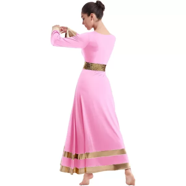 Women Metallic Praise Dance Dress Bell Long Sleeve Full Length Liturgical Tunic SkirtSequins Waistband Worship CostumePink