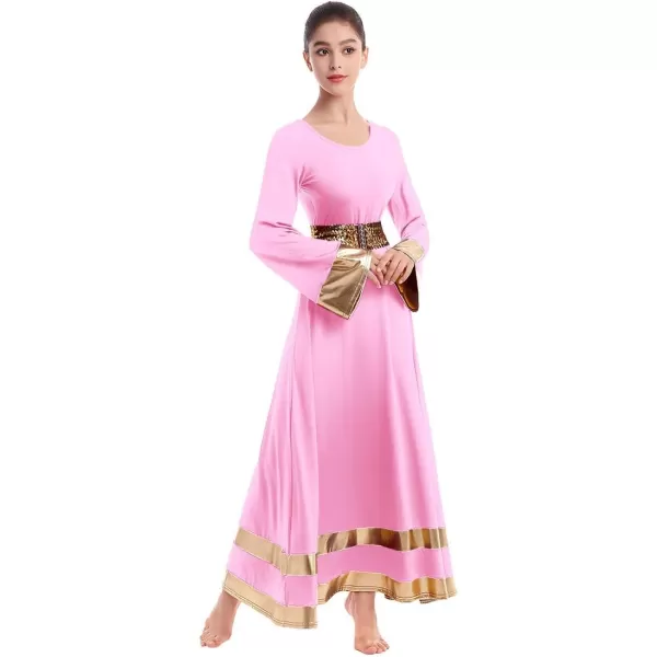 Women Metallic Praise Dance Dress Bell Long Sleeve Full Length Liturgical Tunic SkirtSequins Waistband Worship CostumePink