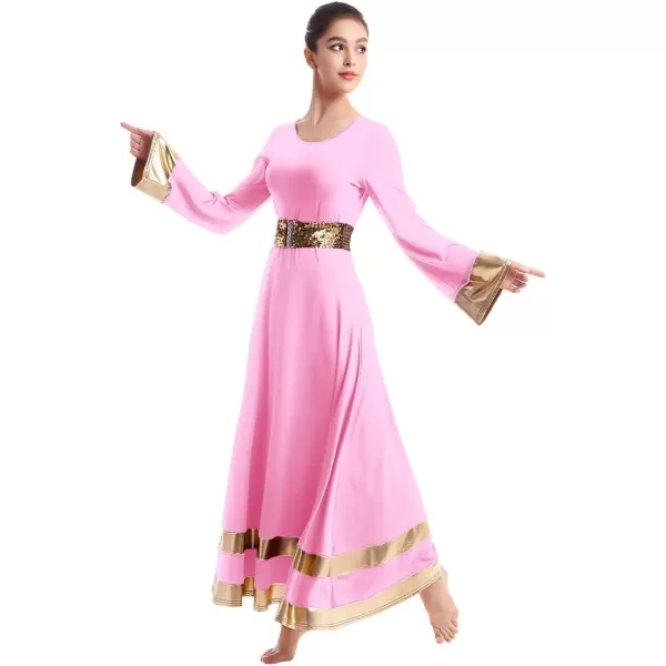 Women Metallic Praise Dance Dress Bell Long Sleeve Full Length Liturgical Tunic SkirtSequins Waistband Worship CostumePink