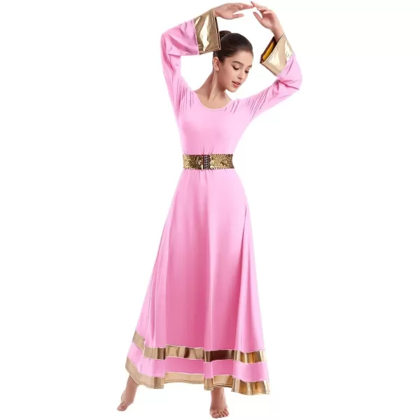 Women Metallic Praise Dance Dress Bell Long Sleeve Full Length Liturgical Tunic SkirtSequins Waistband Worship CostumePink