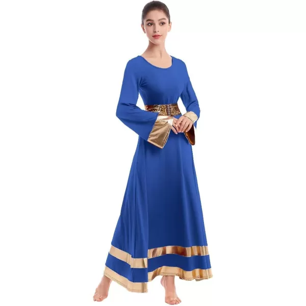 Women Metallic Praise Dance Dress Bell Long Sleeve Full Length Liturgical Tunic SkirtSequins Waistband Worship CostumeRoyal Blue