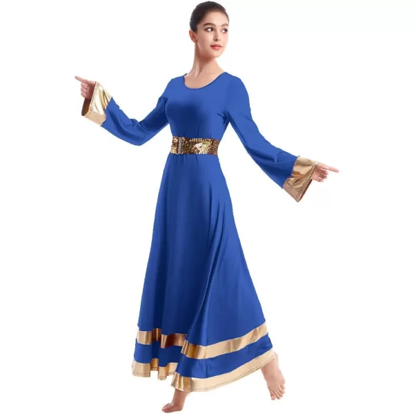 Women Metallic Praise Dance Dress Bell Long Sleeve Full Length Liturgical Tunic SkirtSequins Waistband Worship CostumeRoyal Blue