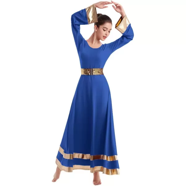 Women Metallic Praise Dance Dress Bell Long Sleeve Full Length Liturgical Tunic SkirtSequins Waistband Worship CostumeRoyal Blue