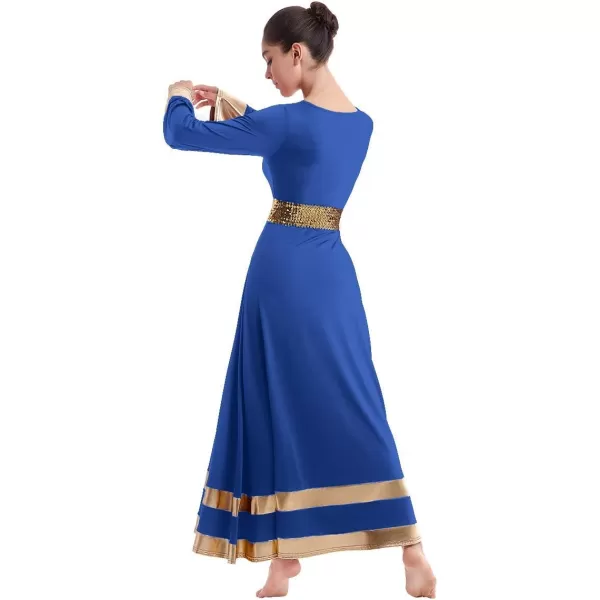 Women Metallic Praise Dance Dress Bell Long Sleeve Full Length Liturgical Tunic SkirtSequins Waistband Worship CostumeRoyal Blue