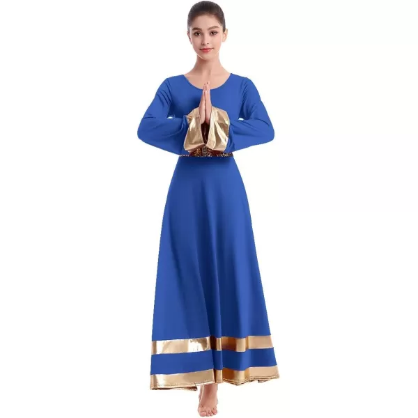 Women Metallic Praise Dance Dress Bell Long Sleeve Full Length Liturgical Tunic SkirtSequins Waistband Worship CostumeRoyal Blue