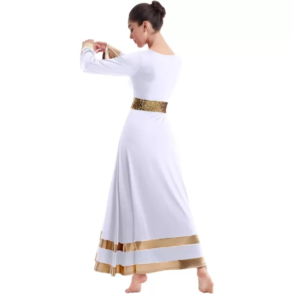 Women Metallic Praise Dance Dress Bell Long Sleeve Full Length Liturgical Tunic SkirtSequins Waistband Worship CostumeWhite