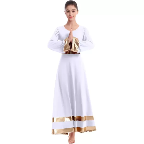 Women Metallic Praise Dance Dress Bell Long Sleeve Full Length Liturgical Tunic SkirtSequins Waistband Worship CostumeWhite