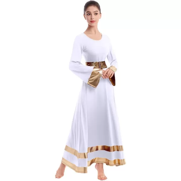 Women Metallic Praise Dance Dress Bell Long Sleeve Full Length Liturgical Tunic SkirtSequins Waistband Worship CostumeWhite