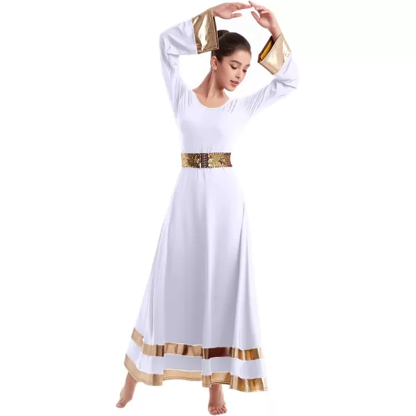 Women Metallic Praise Dance Dress Bell Long Sleeve Full Length Liturgical Tunic SkirtSequins Waistband Worship CostumeWhite