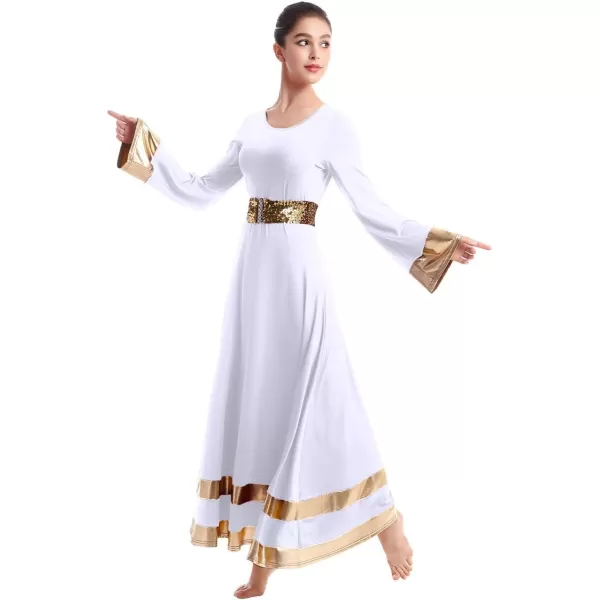 Women Metallic Praise Dance Dress Bell Long Sleeve Full Length Liturgical Tunic SkirtSequins Waistband Worship CostumeWhite