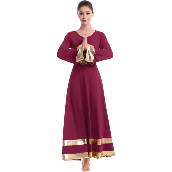 Women Metallic Praise Dance Dress Bell Long Sleeve Full Length Liturgical Tunic SkirtSequins Waistband Worship CostumeWine Red