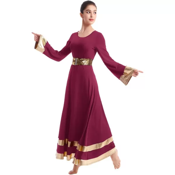 Women Metallic Praise Dance Dress Bell Long Sleeve Full Length Liturgical Tunic SkirtSequins Waistband Worship CostumeWine Red