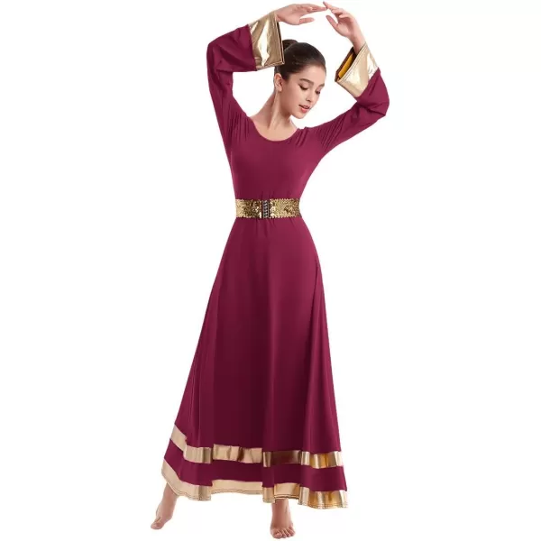 Women Metallic Praise Dance Dress Bell Long Sleeve Full Length Liturgical Tunic SkirtSequins Waistband Worship CostumeWine Red