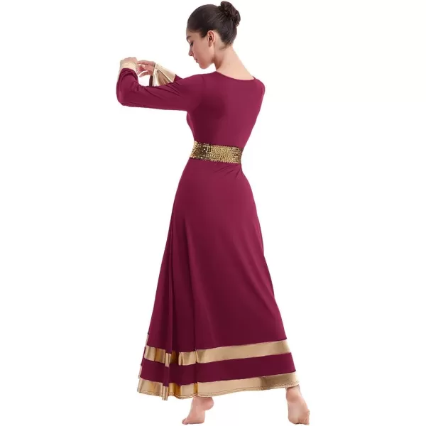 Women Metallic Praise Dance Dress Bell Long Sleeve Full Length Liturgical Tunic SkirtSequins Waistband Worship CostumeWine Red