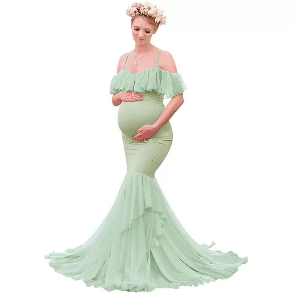 Women Ruffle Chiffon Off Shoulder Maternity Dress for Photography Baby Shower Flounce Maxi Mermaid Gown for PhotoshootGreen